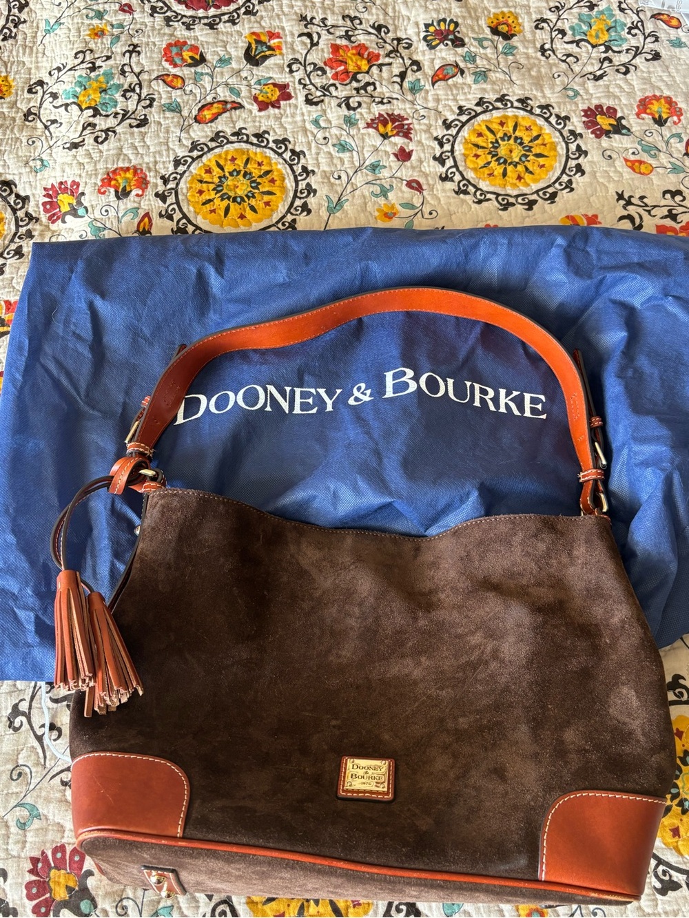 Dooney & Bourke large Sac Brown Suede Shoulder Bag with Tan Leather Trim